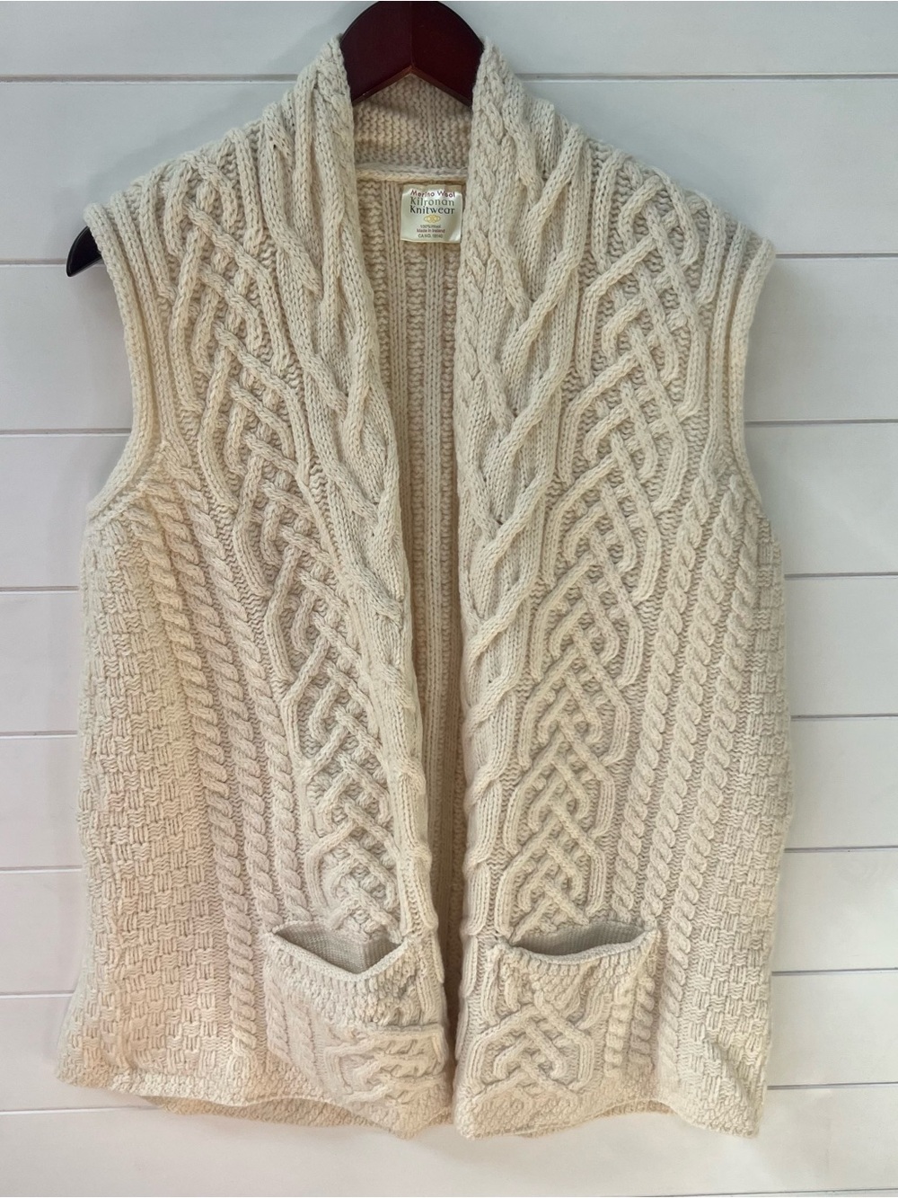 Kilronan Merino Wool Aran Cable Knit Vest Made in Ireland Cream M